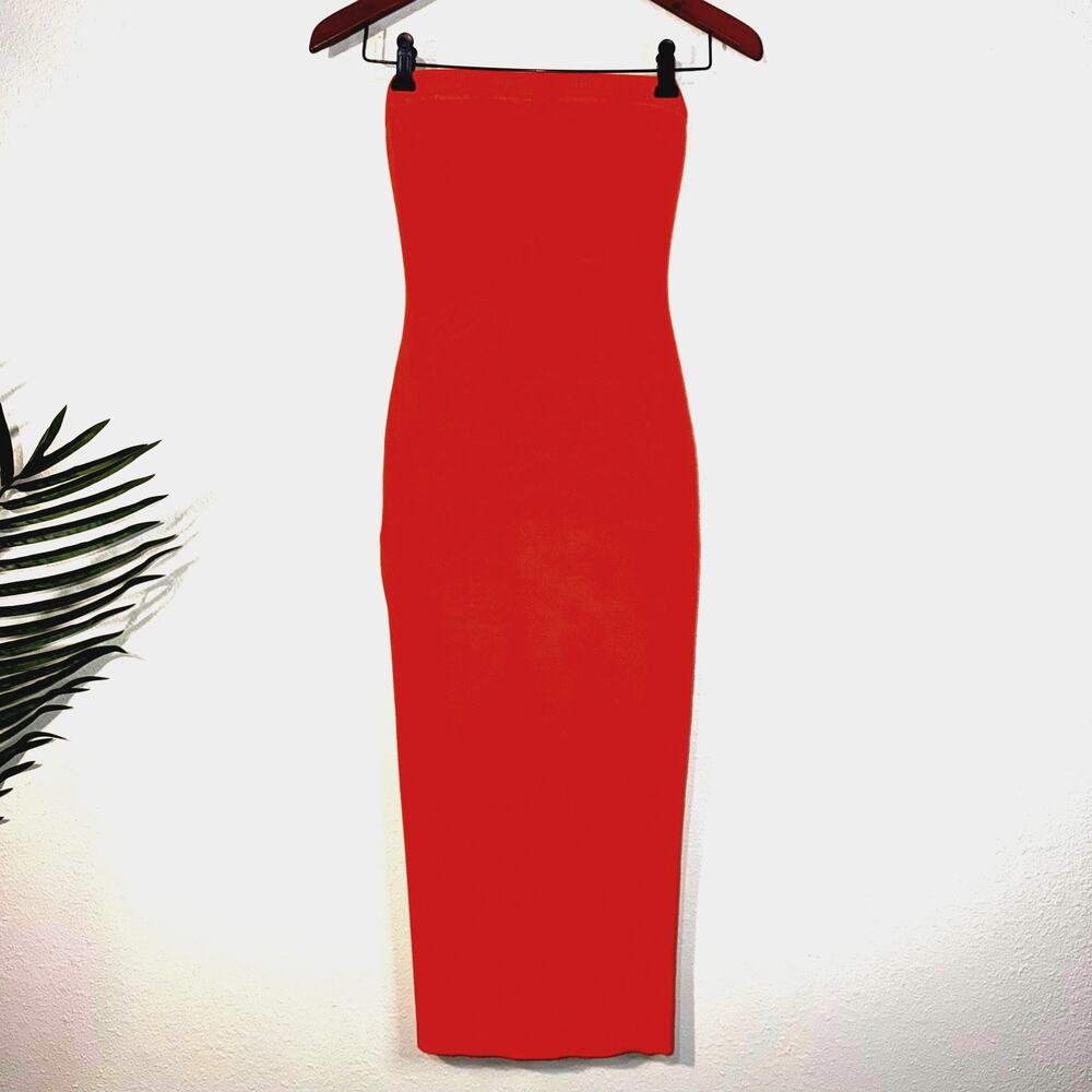 Hera Collection Orange Knit Strapless Tube Midi Bodycon Dress Small